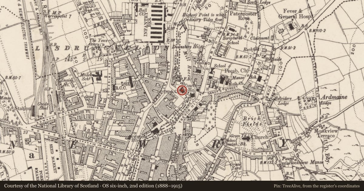 Ordnance Survey six-inch map, 2nd edition (1888–1915) covering the location of Riverside Reformed Presbyterian Church, Carneyhough, Newry, Mourne and Down, with a pin at the register's coordinates