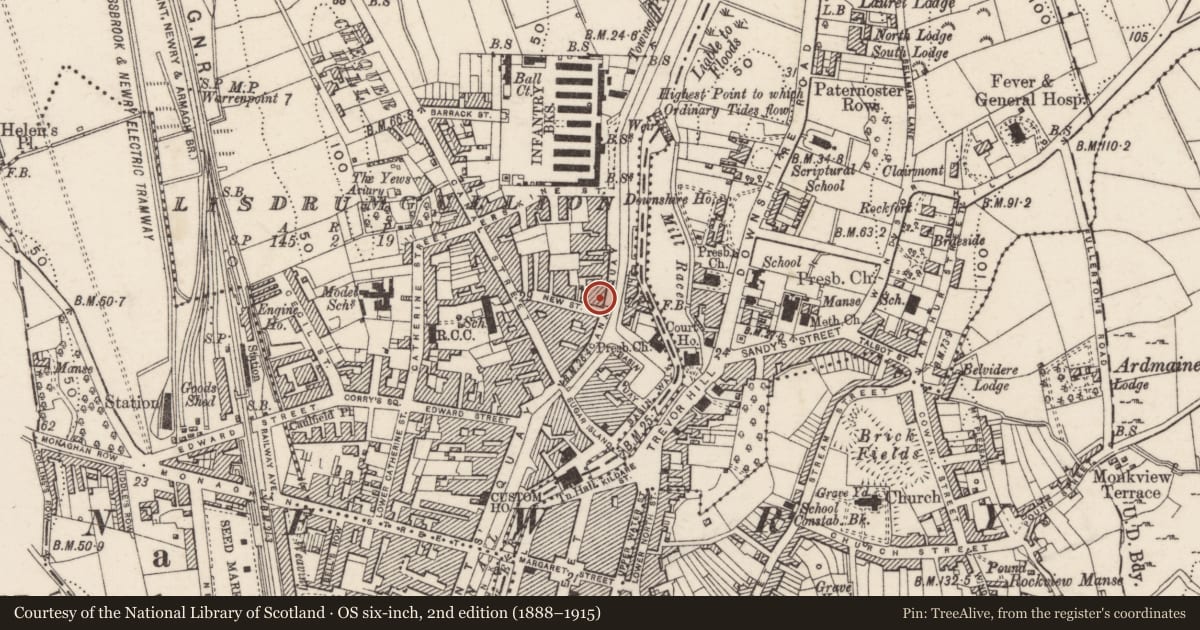 Ordnance Survey six-inch map, 2nd edition (1888–1915) covering the location of Clanrye Mills, Lisdrumgullion, Newry, Mourne and Down, with a pin at the register's coordinates