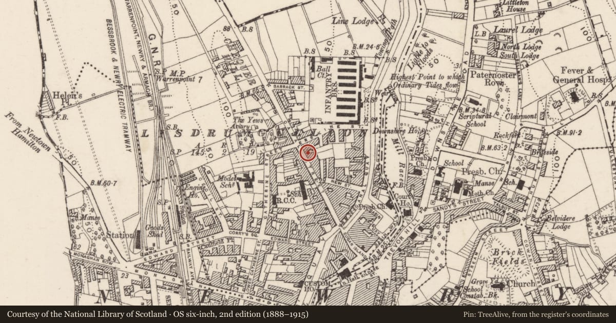 Ordnance Survey six-inch map, 2nd edition (1888–1915) covering the location of 63 Canal Street, Lisdrumgullion, Newry, Mourne and Down, with a pin at the register's coordinates