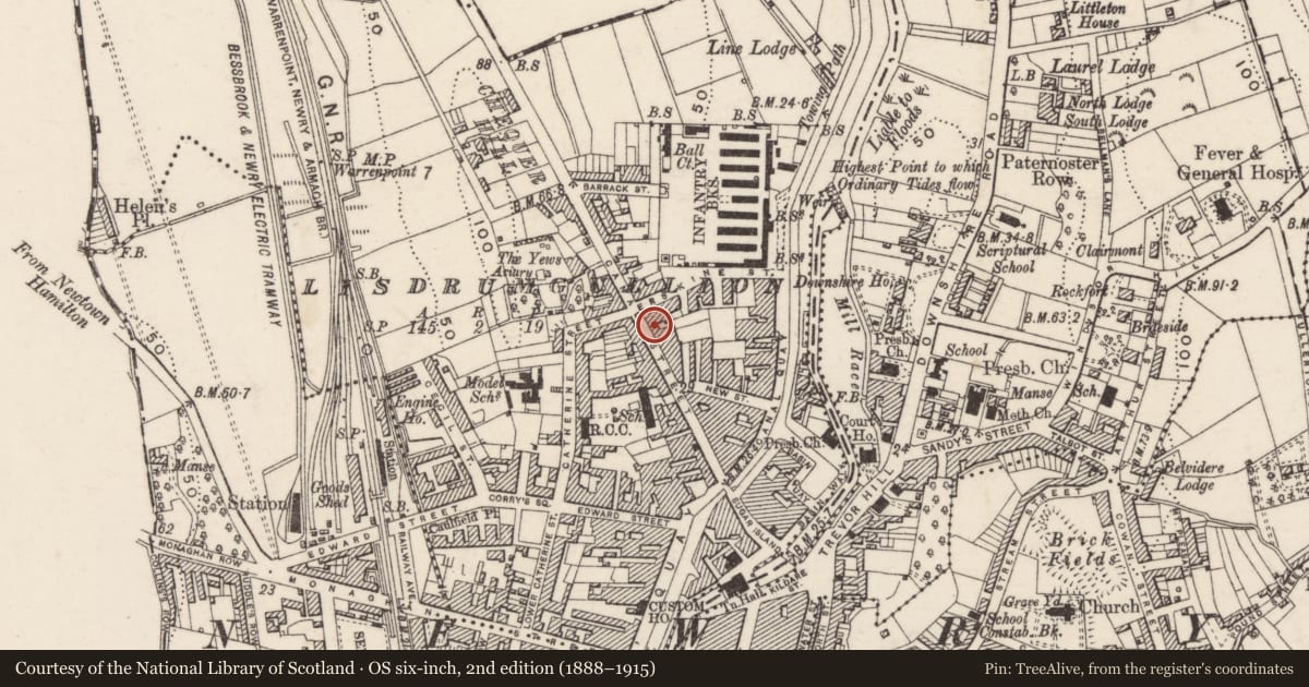 Ordnance Survey six-inch map, 2nd edition (1888–1915) covering the location of 65 Canal Street, Lisdrumgullion, Newry, Mourne and Down, with a pin at the register's coordinates