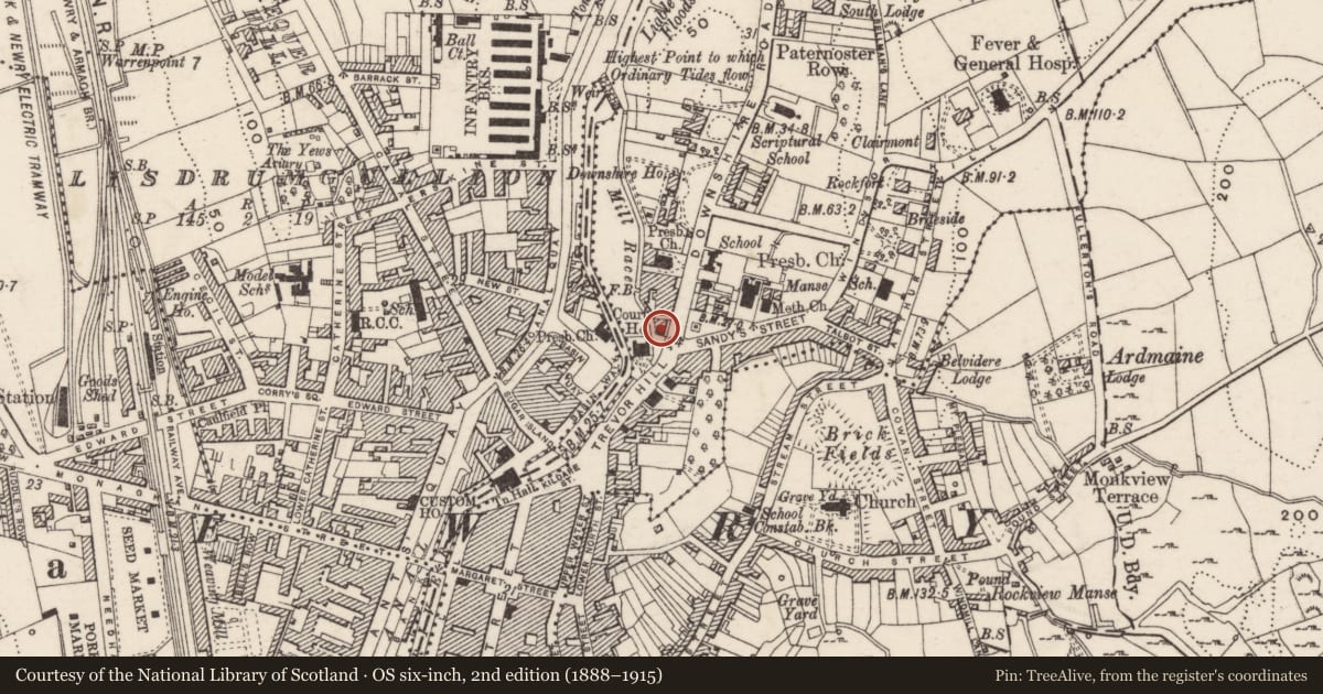 Ordnance Survey six-inch map, 2nd edition (1888–1915) covering the location of St Mary’s Parish Hall, Carneyhough, Newry, Mourne and Down, with a pin at the register's coordinates