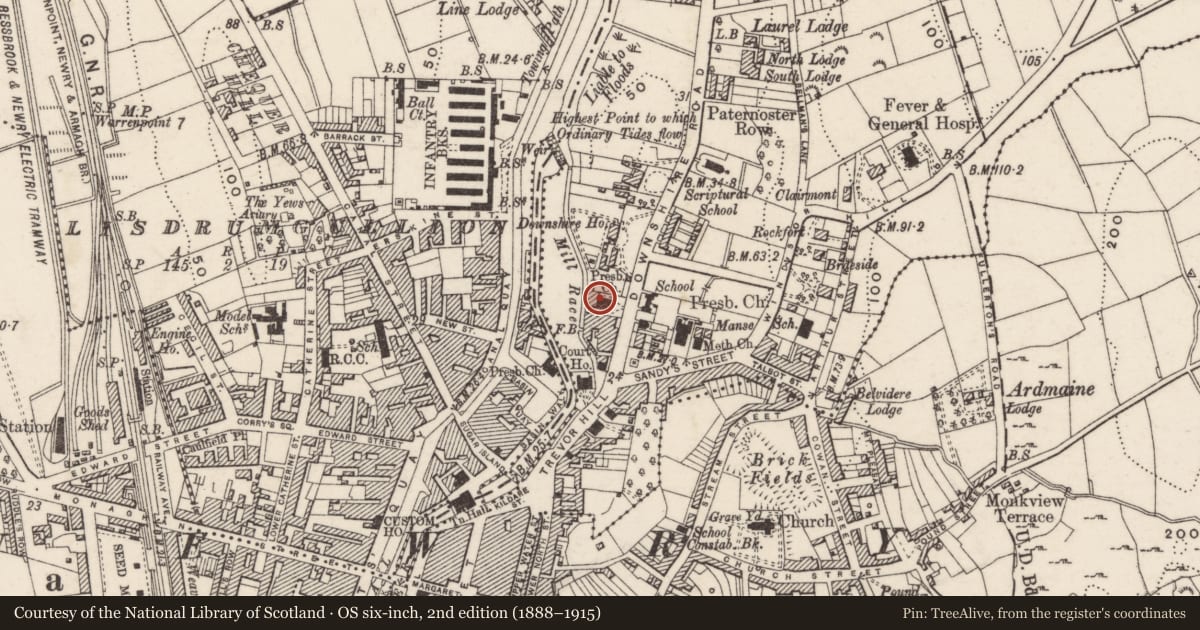 Ordnance Survey six-inch map, 2nd edition (1888–1915) covering the location of Downshire Road Presbyterian Church, Carneyhough, Newry, Mourne and Down, with a pin at the register's coordinates
