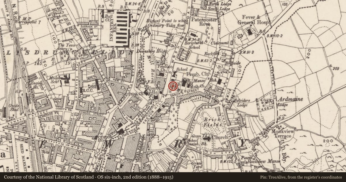 Ordnance Survey six-inch map, 2nd edition (1888–1915) covering the location of 1 Downshire Road, Carneyhough, Newry, Mourne and Down, with a pin at the register's coordinates
