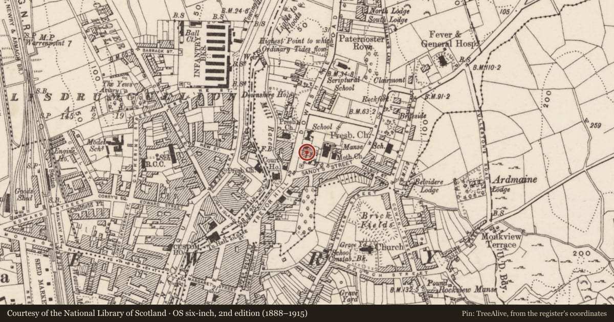 Ordnance Survey six-inch map, 2nd edition (1888–1915) covering the location of 3 Downshire Road, Carneyhough, Newry, Mourne and Down, with a pin at the register's coordinates
