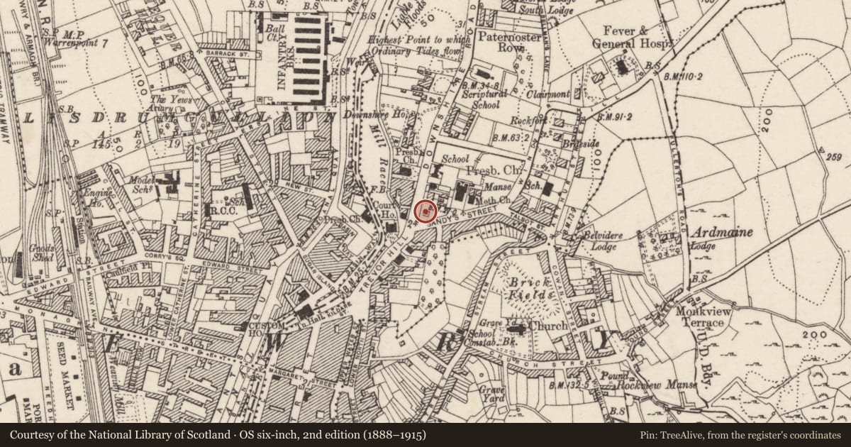 Ordnance Survey six-inch map, 2nd edition (1888–1915) covering the location of Corry Memorial, Carneyhough, Newry, Mourne and Down, with a pin at the register's coordinates