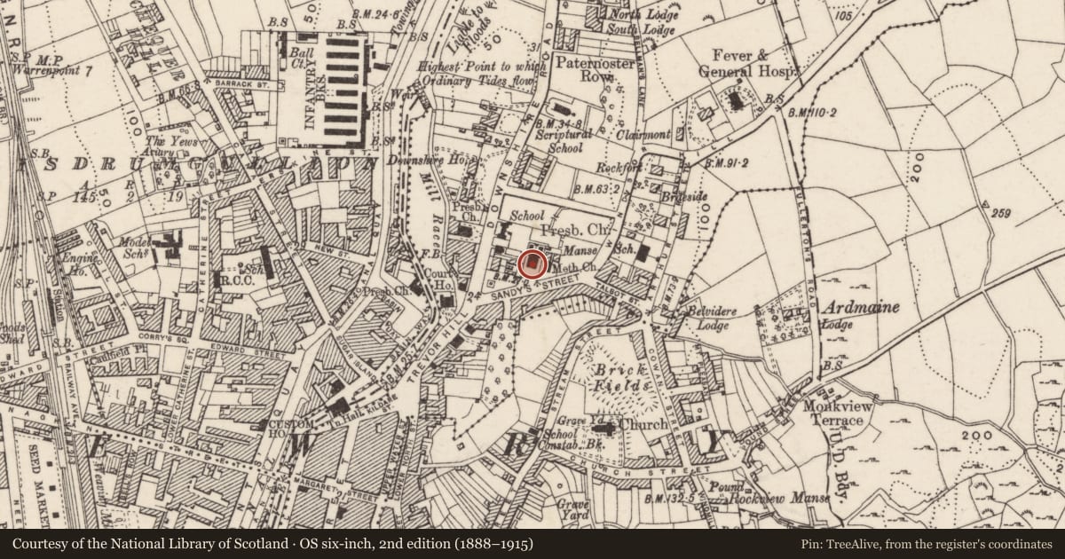 Ordnance Survey six-inch map, 2nd edition (1888–1915) covering the location of First Newry Presbyterian Church, Carneyhough, Newry, Mourne and Down, with a pin at the register's coordinates