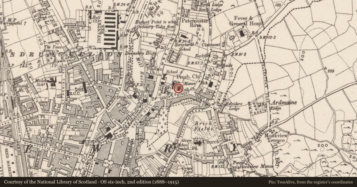 Ordnance Survey six-inch map, 2nd edition (1888–1915) covering the location of Methodist Church, Gates And Railings, Newry, Mourne and Down, with a pin at the register's coordinates