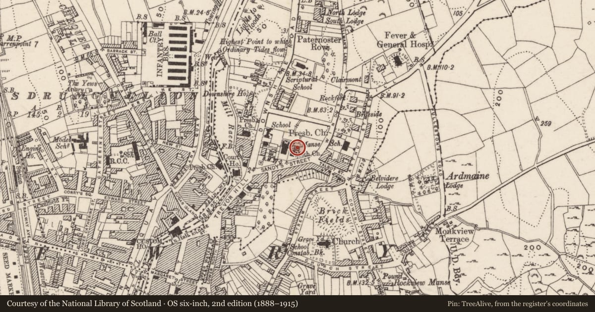 Ordnance Survey six-inch map, 2nd edition (1888–1915) covering the location of Methodist Manse 2 Sandy's Street, Carneyhough, Newry, Mourne and Down, with a pin at the register's coordinates