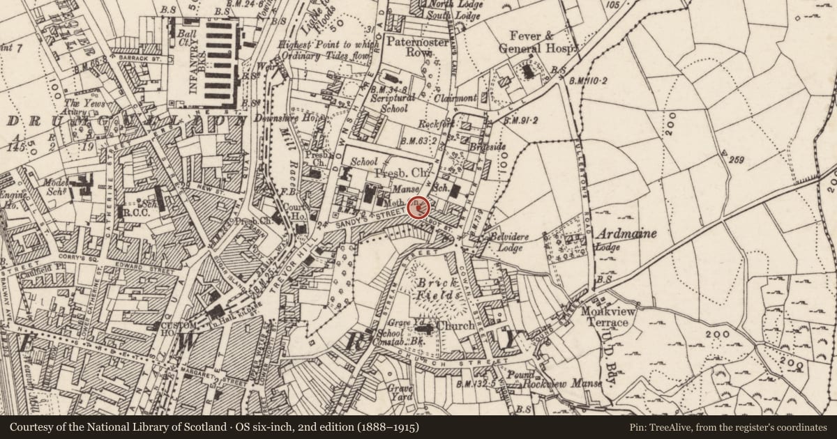 Ordnance Survey six-inch map, 2nd edition (1888–1915) covering the location of 1 Windsor Hill, Carneyhough, Newry, Mourne and Down, with a pin at the register's coordinates
