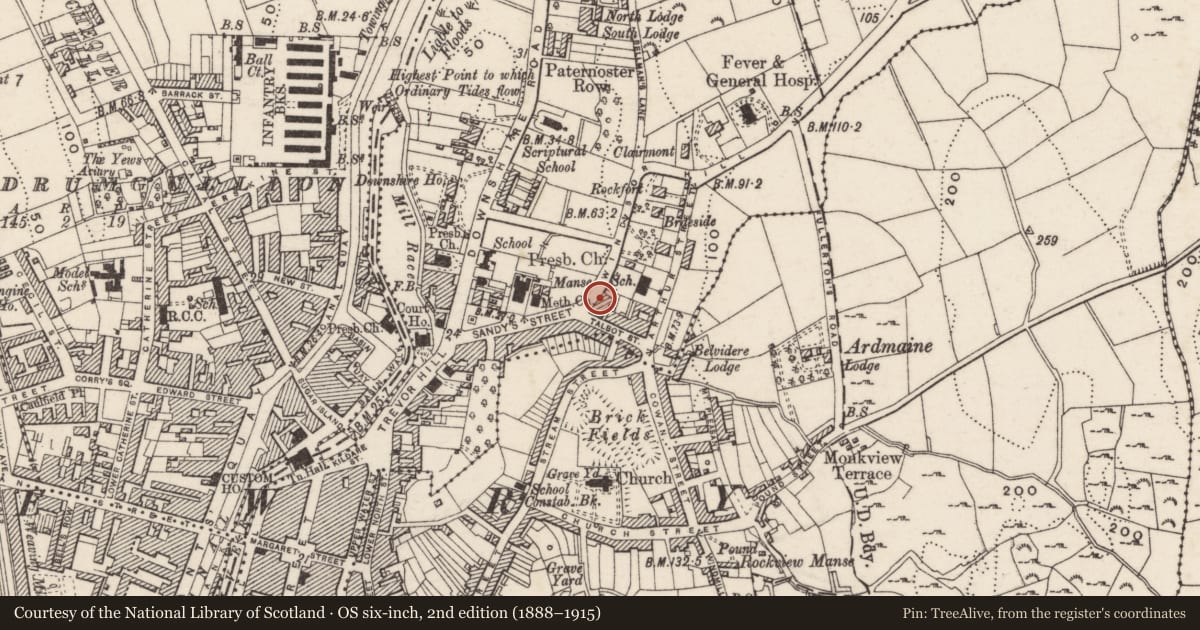 Ordnance Survey six-inch map, 2nd edition (1888–1915) covering the location of 3 Windsor Hill, Carneyhough, Newry, Mourne and Down, with a pin at the register's coordinates