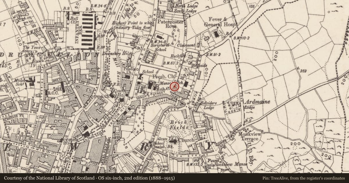 Ordnance Survey six-inch map, 2nd edition (1888–1915) covering the location of 5 Windsor Hill, Carneyhough, Newry, Mourne and Down, with a pin at the register's coordinates