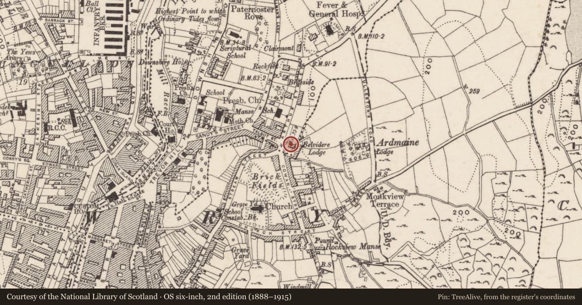 Ordnance Survey six-inch map, 2nd edition (1888–1915) covering the location of 1 Arthur Street, Carneyhough, Newry, Mourne and Down, with a pin at the register's coordinates