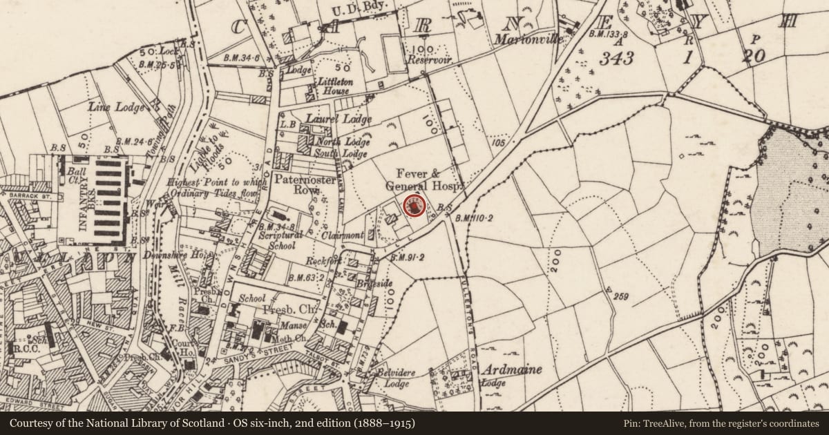 Ordnance Survey six-inch map, 2nd edition (1888–1915) covering the location of General Hospital, Carneyhough, Newry, Mourne and Down, with a pin at the register's coordinates