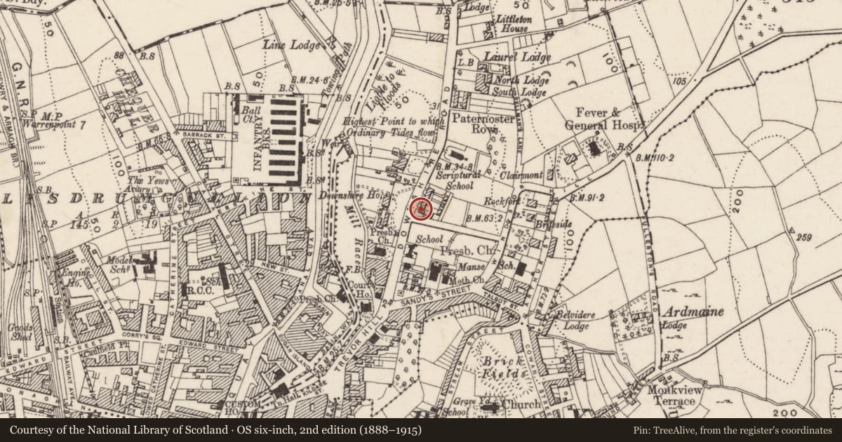 Ordnance Survey six-inch map, 2nd edition (1888–1915) covering the location of 5 Downshire Place, Carneyhough, Newry, Mourne and Down, with a pin at the register's coordinates