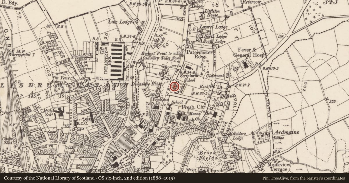 Ordnance Survey six-inch map, 2nd edition (1888–1915) covering the location of 7 Downshire Place, Carneyhough, Newry, Mourne and Down, with a pin at the register's coordinates