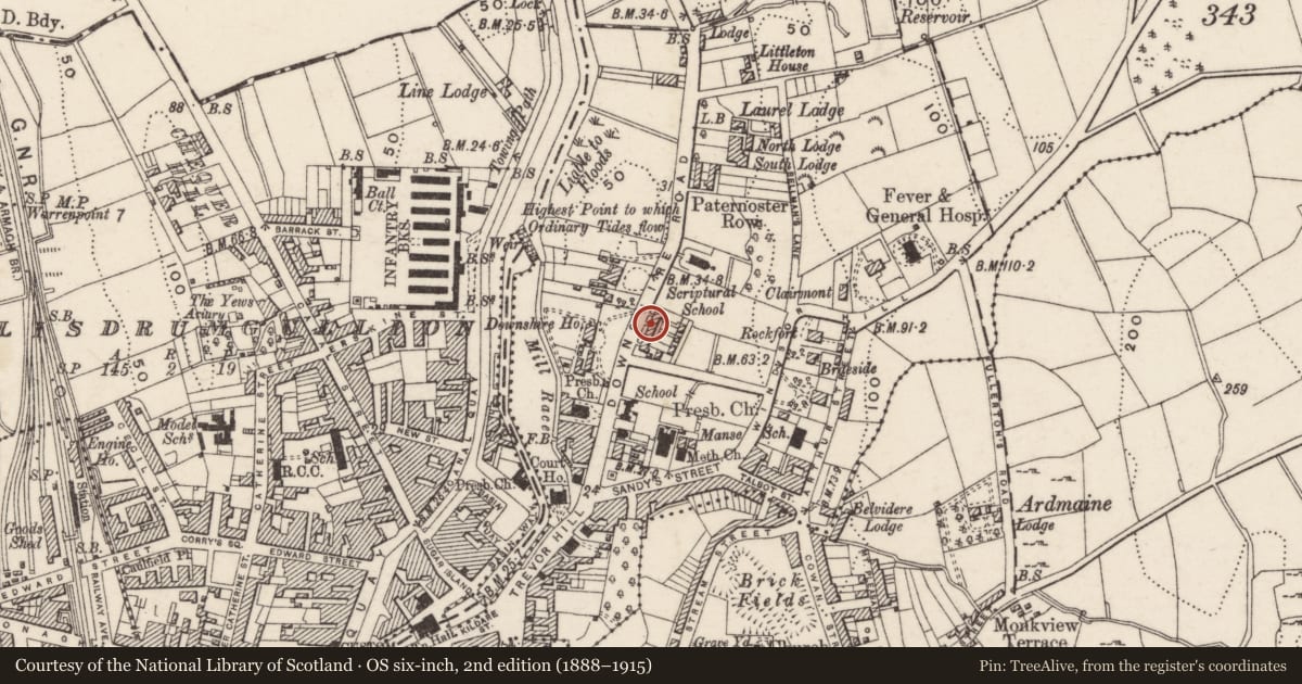 Ordnance Survey six-inch map, 2nd edition (1888–1915) covering the location of 9 Downshire Place, Carneyhough, Newry, Mourne and Down, with a pin at the register's coordinates