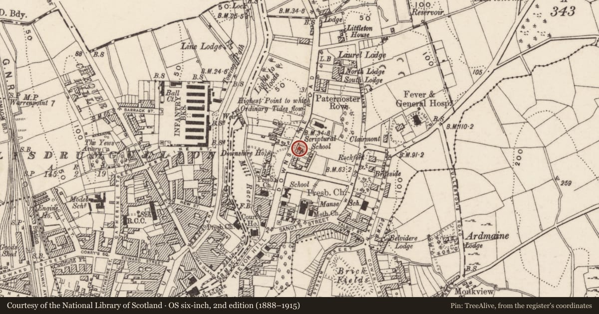 Ordnance Survey six-inch map, 2nd edition (1888–1915) covering the location of Newry Baptist Church, Carneyhogue, Newry, Mourne and Down, with a pin at the register's coordinates
