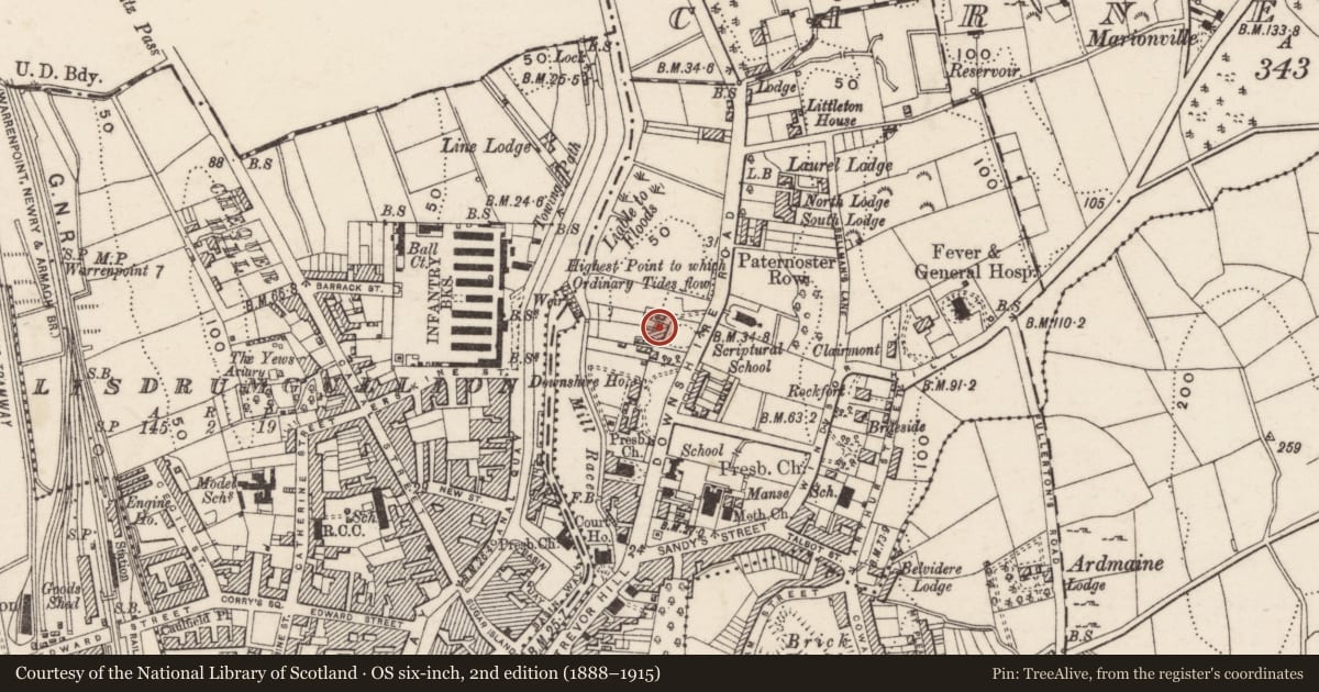 Ordnance Survey six-inch map, 2nd edition (1888–1915) covering the location of Belmont Terrace, Carneyhough, Newry, Mourne and Down, with a pin at the register's coordinates