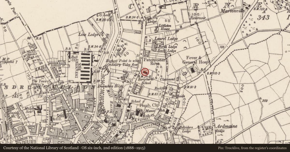 Ordnance Survey six-inch map, 2nd edition (1888–1915) covering the location of St Patrick’s Parish Hall, Carneyhough, Newry, Mourne and Down, with a pin at the register's coordinates
