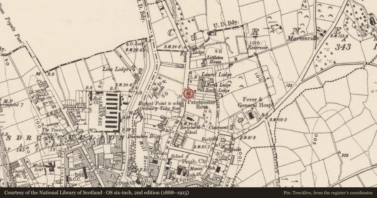 Ordnance Survey six-inch map, 2nd edition (1888–1915) covering the location of 45 Downshire Road, Carneyhough, Newry, Mourne and Down, with a pin at the register's coordinates