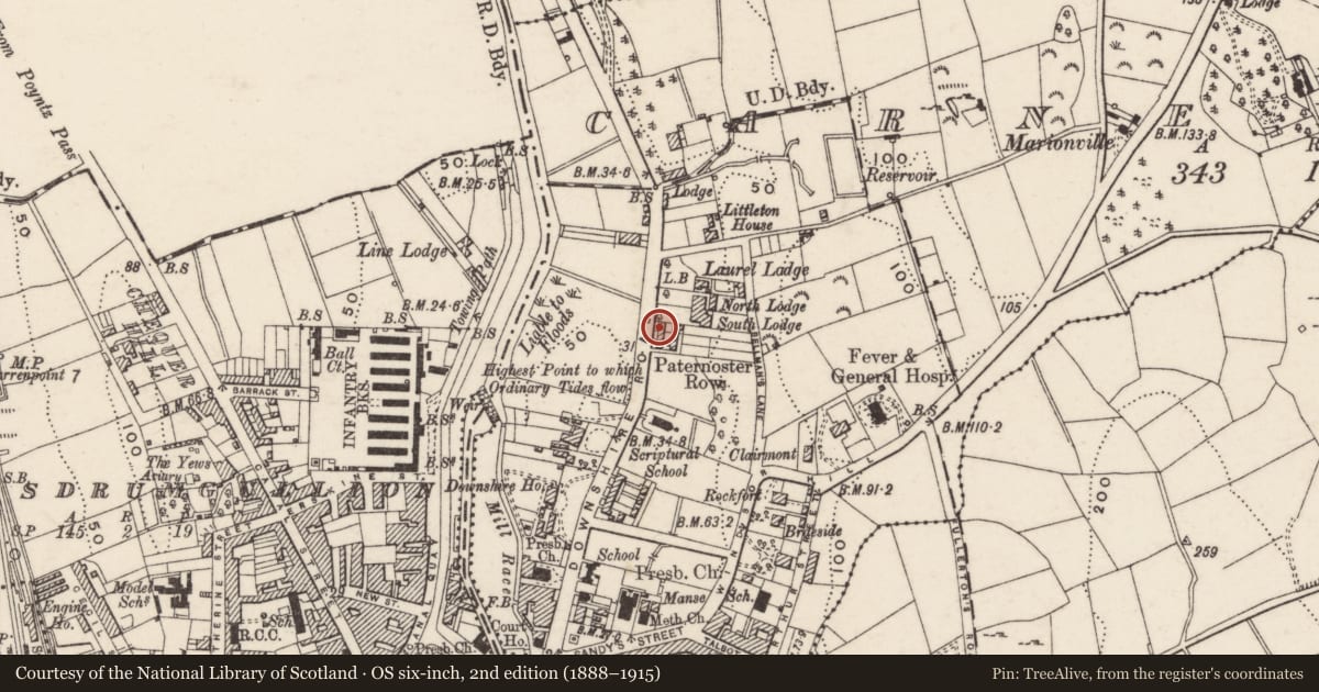 Ordnance Survey six-inch map, 2nd edition (1888–1915) covering the location of 47 Downshire Road, Carneyhough, Newry, Mourne and Down, with a pin at the register's coordinates