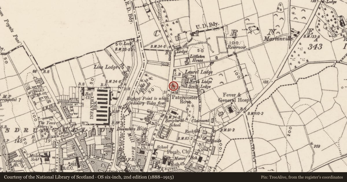 Ordnance Survey six-inch map, 2nd edition (1888–1915) covering the location of 49 Downshire Road, Carneyhough, Newry, Mourne and Down, with a pin at the register's coordinates
