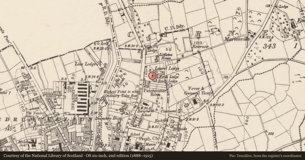 Ordnance Survey six-inch map, 2nd edition (1888–1915) covering the location of North Lodge, Carneyhough, Newry, Mourne and Down, with a pin at the register's coordinates