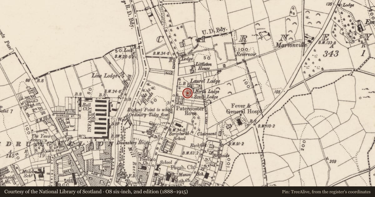 Ordnance Survey six-inch map, 2nd edition (1888–1915) covering the location of South Lodge, Carneyhough, Newry, Mourne and Down, with a pin at the register's coordinates