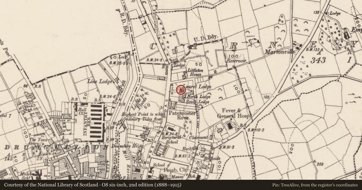 Ordnance Survey six-inch map, 2nd edition (1888–1915) covering the location of Laurel Lodge, Carneyhough, Newry, Mourne and Down, with a pin at the register's coordinates
