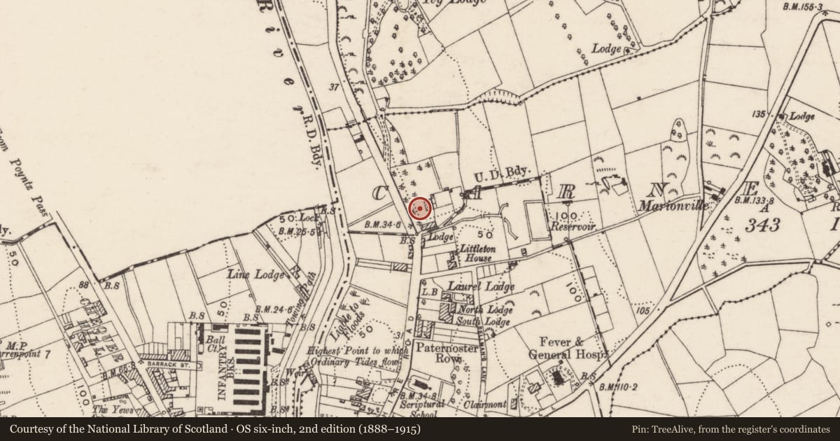 Ordnance Survey six-inch map, 2nd edition (1888–1915) covering the location of Ardmore Hotel, Carneyhough, Newry, Mourne and Down, with a pin at the register's coordinates