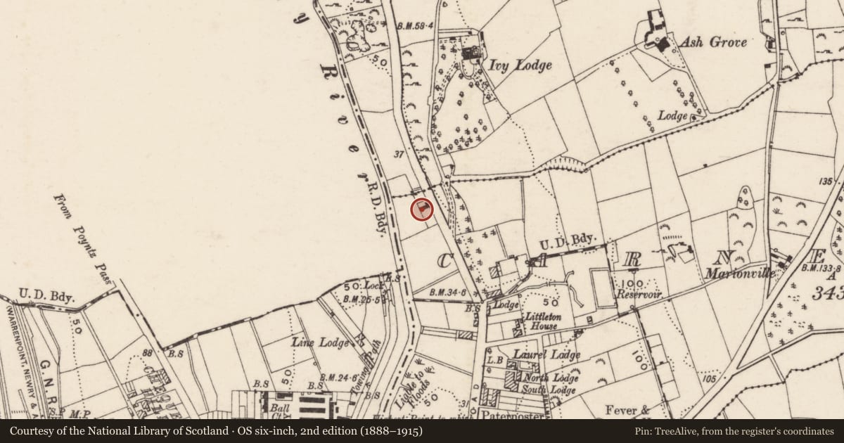 Ordnance Survey six-inch map, 2nd edition (1888–1915) covering the location of 10 Belfast Road, Carneyhough, Newry, Mourne and Down, with a pin at the register's coordinates