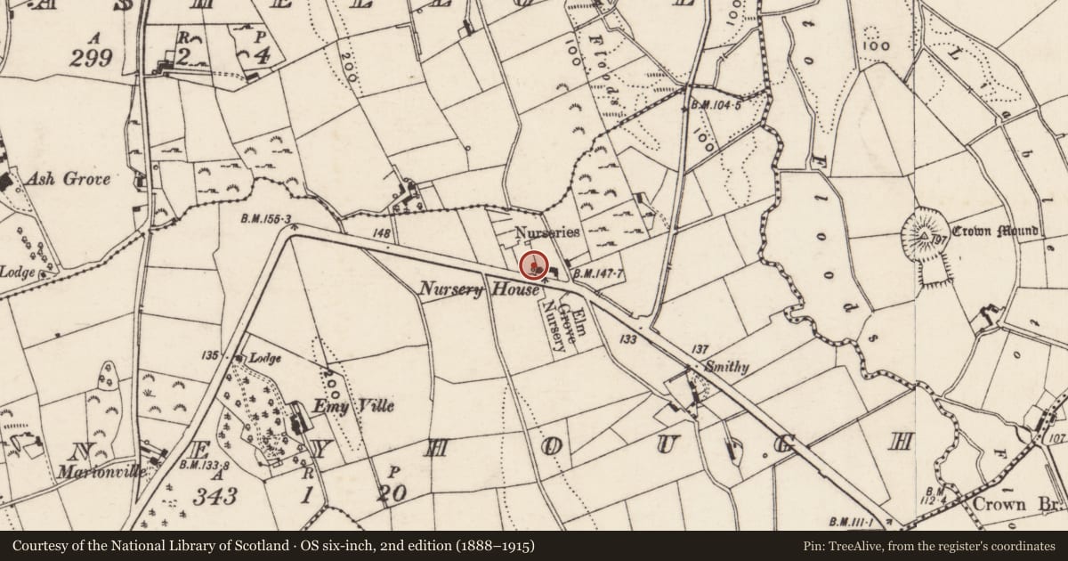 Ordnance Survey six-inch map, 2nd edition (1888–1915) covering the location of Elmgrove, Carneyhough, Newry, Mourne and Down, with a pin at the register's coordinates