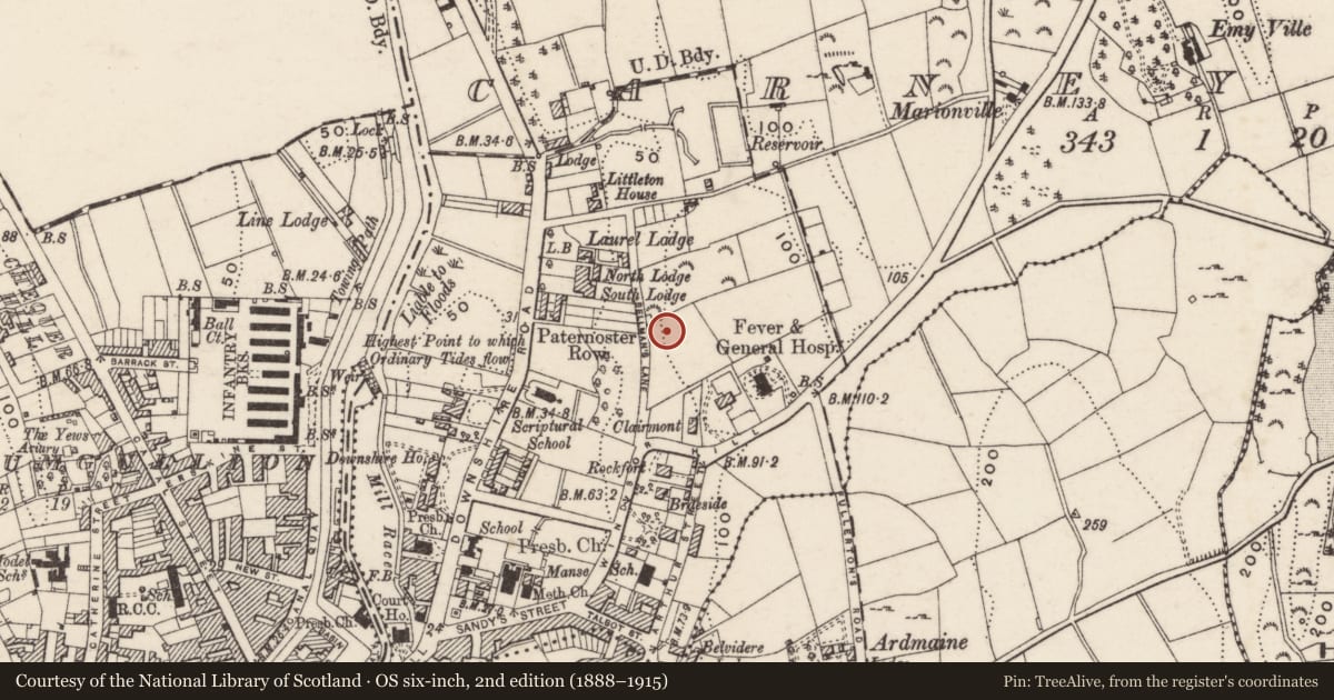 Ordnance Survey six-inch map, 2nd edition (1888–1915) covering the location of Glebe House, Carneyhough, Newry, Mourne and Down, with a pin at the register's coordinates