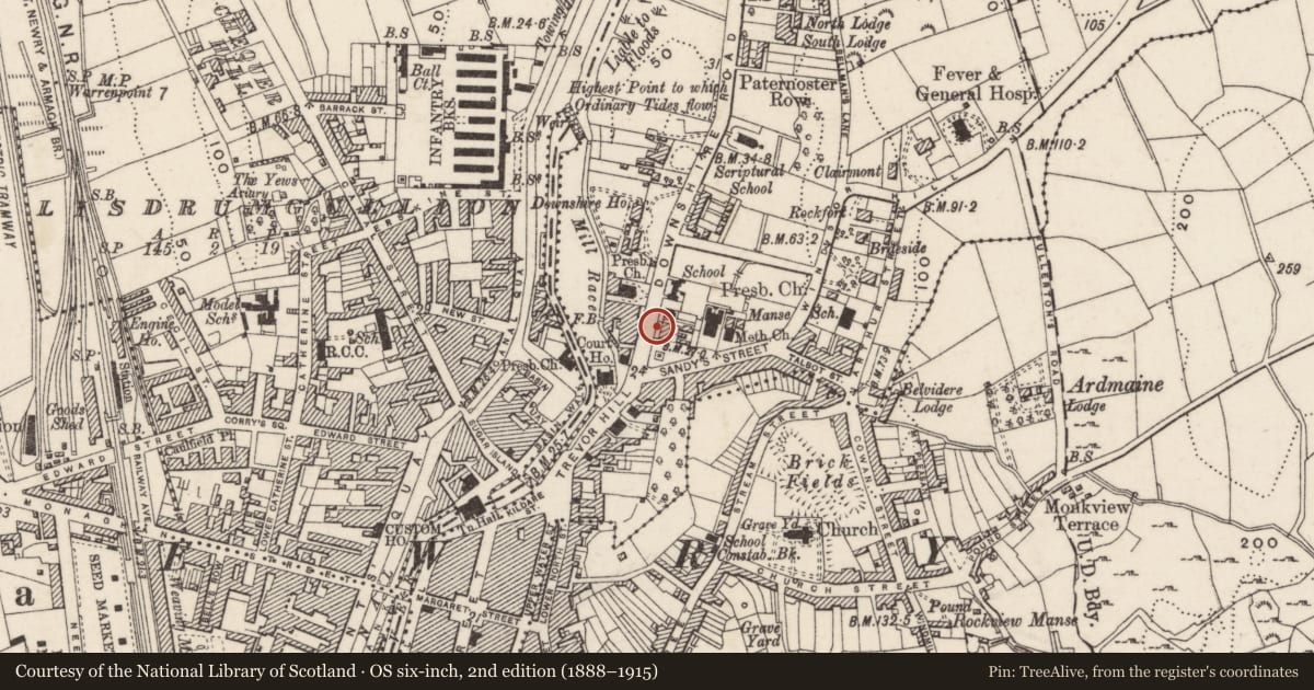 Ordnance Survey six-inch map, 2nd edition (1888–1915) covering the location of Sign outside, Carneyhough, Newry, Mourne and Down, with a pin at the register's coordinates