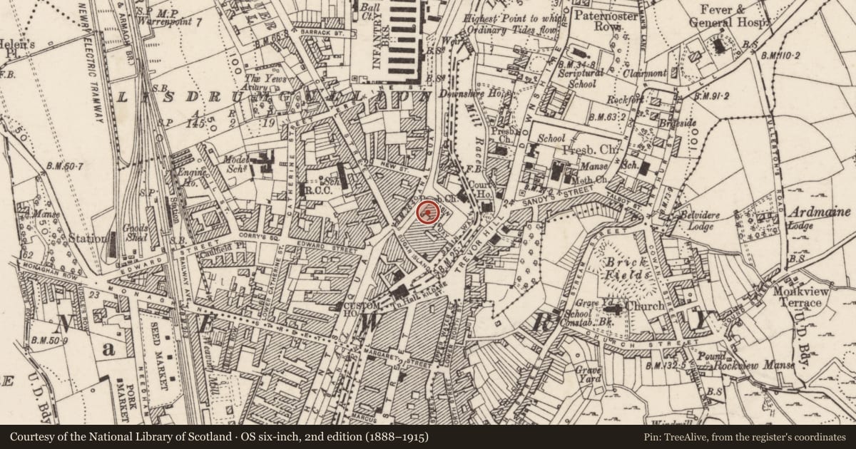 Ordnance Survey six-inch map, 2nd edition (1888–1915) covering the location of Warehouse to rear of 10 Basin Quay, Carneyhough, Newry, Mourne and Down, with a pin at the register's coordinates