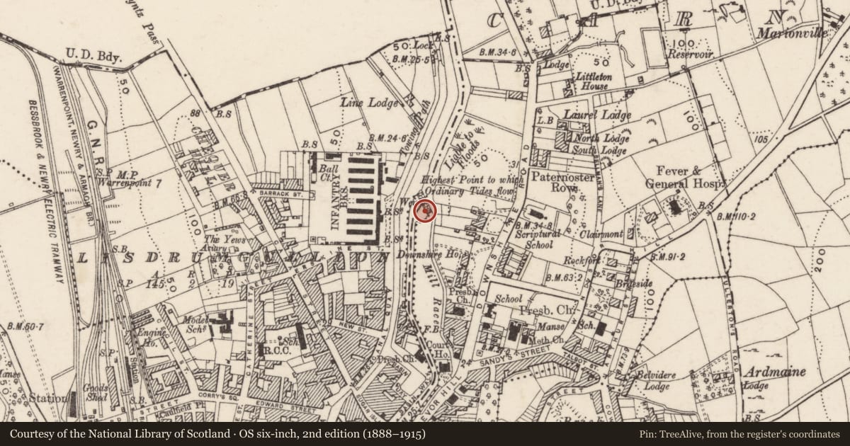 Ordnance Survey six-inch map, 2nd edition (1888–1915) covering the location of Former Power station, Carneyhough, Newry, Mourne and Down, with a pin at the register's coordinates