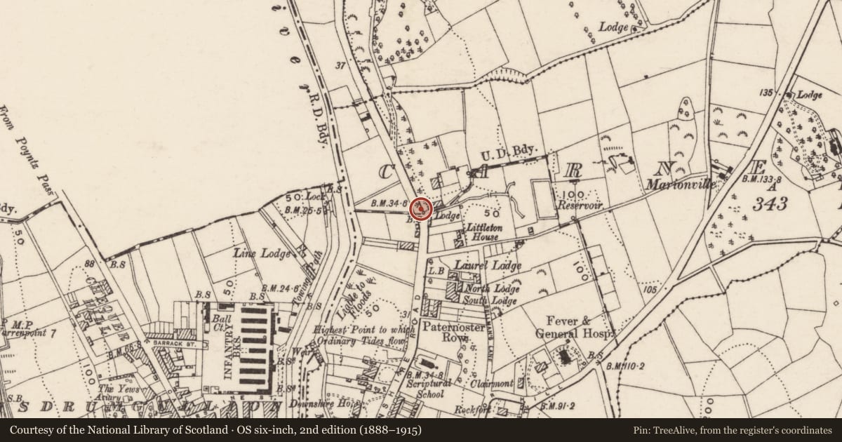 Ordnance Survey six-inch map, 2nd edition (1888–1915) covering the location of Boundary Marker outside 69 Downshire Road Newry Co Down, Carneyhough, Newry, Mourne and Down, with a pin at the register's coordinates