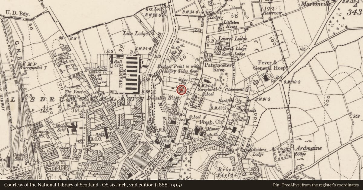 Ordnance Survey six-inch map, 2nd edition (1888–1915) covering the location of Tudor Lodge, Carneyhough, Newry, Mourne and Down, with a pin at the register's coordinates