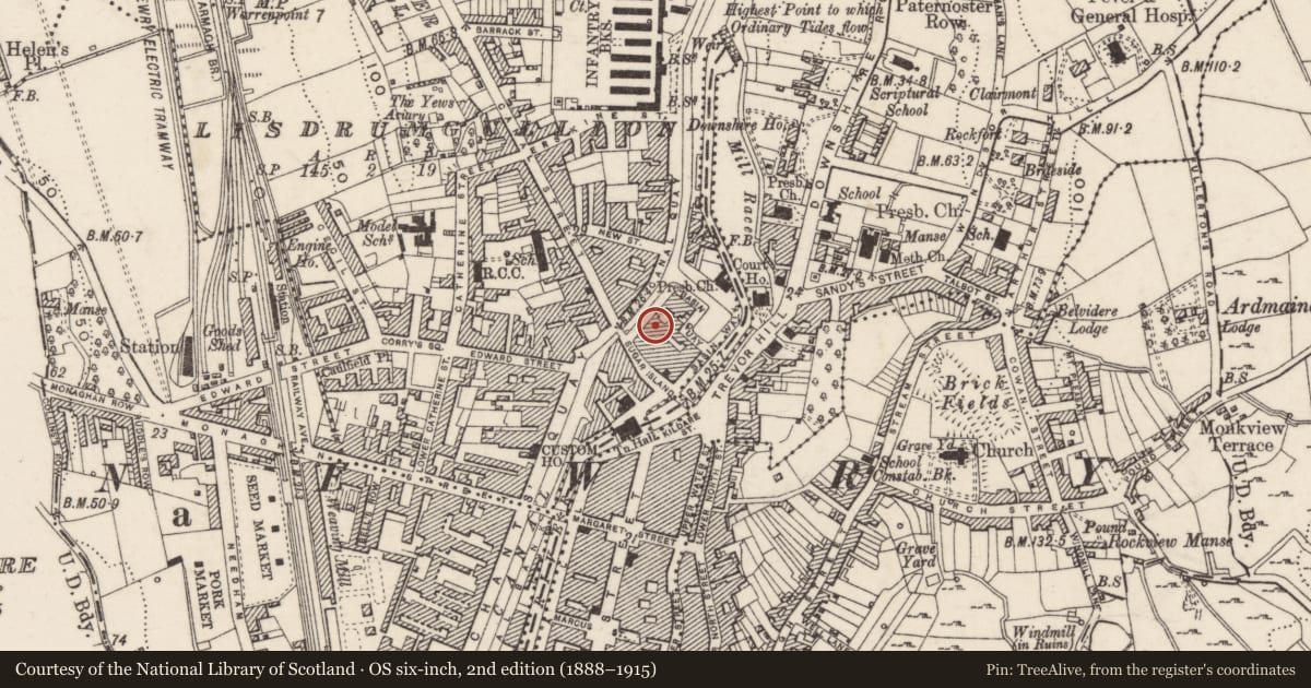 Ordnance Survey six-inch map, 2nd edition (1888–1915) covering the location of 2-3 Sugarhouse Quay, Lisdrumgullion, Newry, Mourne and Down, with a pin at the register's coordinates