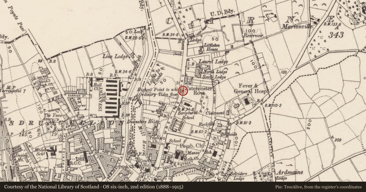 Ordnance Survey six-inch map, 2nd edition (1888–1915) covering the location of 41 Downshire Road, Carneyhough, Newry, Mourne and Down, with a pin at the register's coordinates