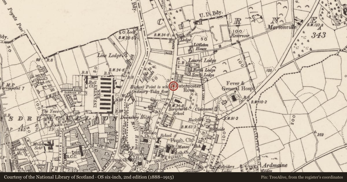 Ordnance Survey six-inch map, 2nd edition (1888–1915) covering the location of 43 Downshire Road, Carneyhough, Newry, Mourne and Down, with a pin at the register's coordinates