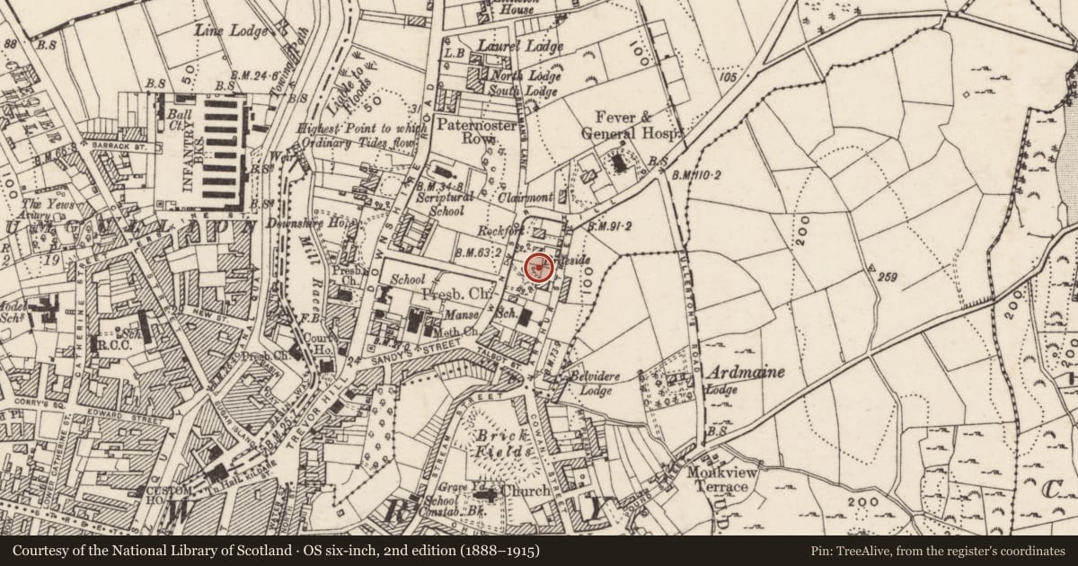 Ordnance Survey six-inch map, 2nd edition (1888–1915) covering the location of 15 Windsor Hill, Carneyhough, Newry, Mourne and Down, with a pin at the register's coordinates