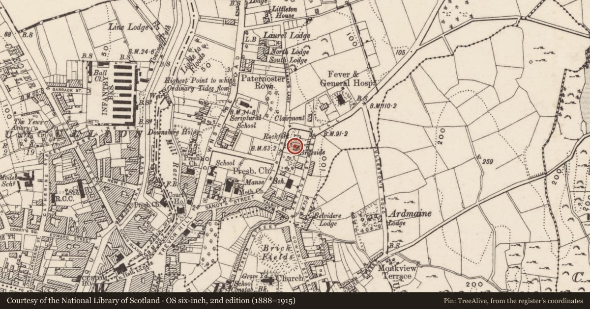 Ordnance Survey six-inch map, 2nd edition (1888–1915) covering the location of 17 Windsor Hill, Carneyhough, Newry, Mourne and Down, with a pin at the register's coordinates