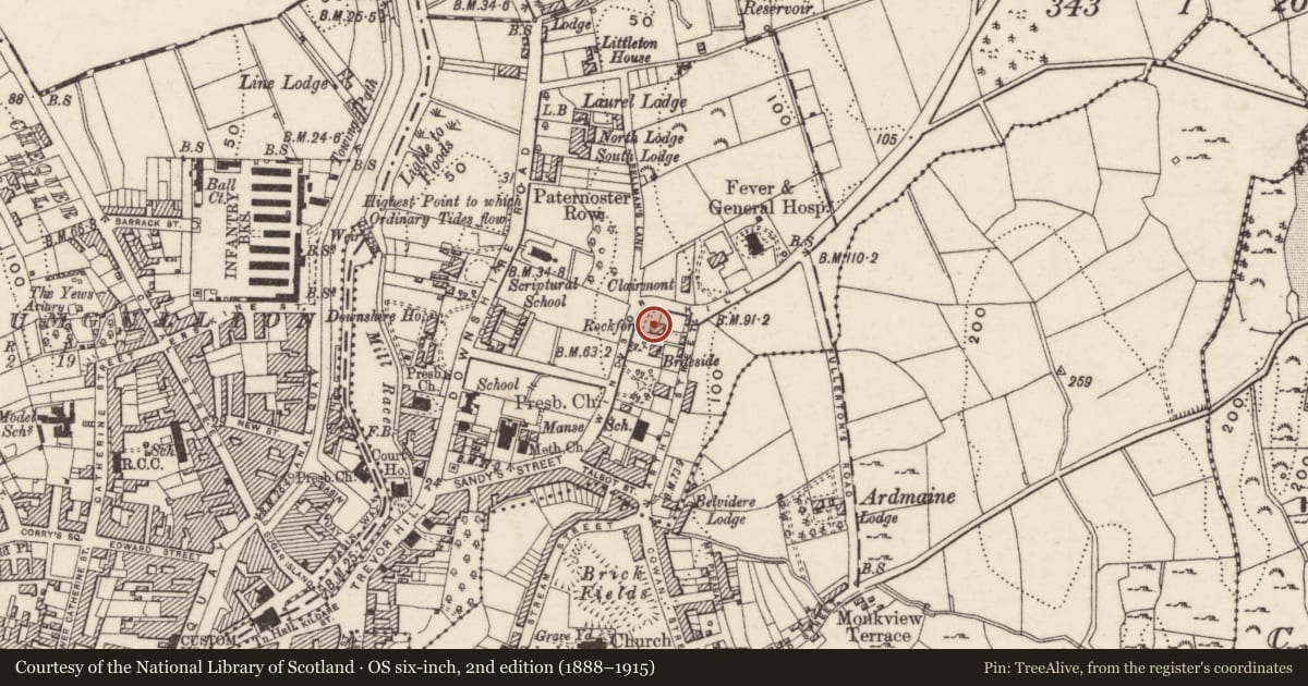 Ordnance Survey six-inch map, 2nd edition (1888–1915) covering the location of 19 Windsor Hill, Carneyhough, Newry, Mourne and Down, with a pin at the register's coordinates