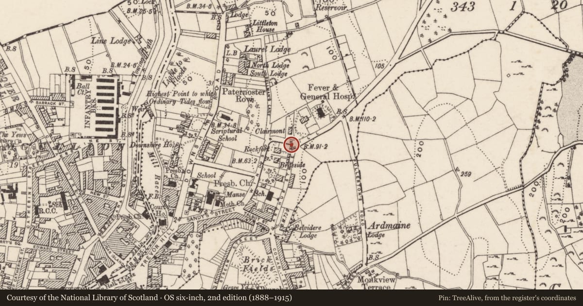Ordnance Survey six-inch map, 2nd edition (1888–1915) covering the location of 21 Windsor Hill, Carneyhough, Newry, Mourne and Down, with a pin at the register's coordinates