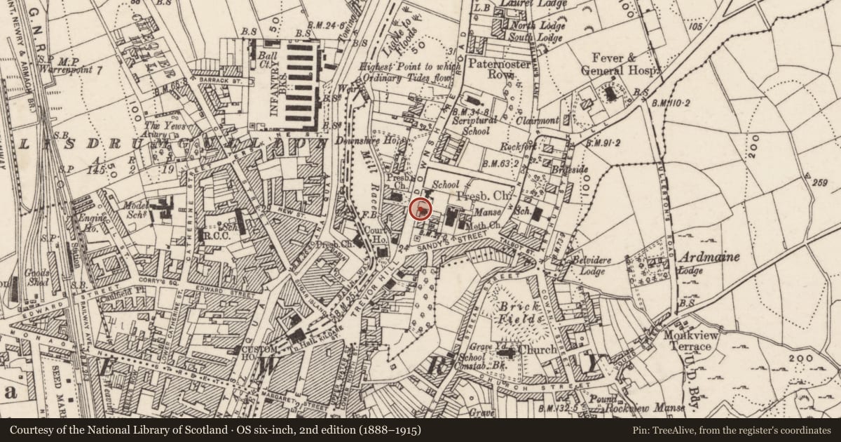 Ordnance Survey six-inch map, 2nd edition (1888–1915) covering the location of 5a Sandy's Place, Carneyhough, Newry, Mourne and Down, with a pin at the register's coordinates