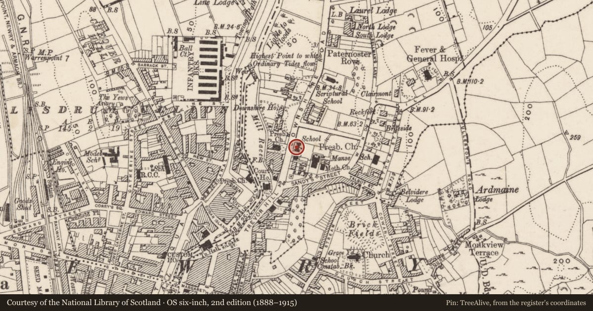 Ordnance Survey six-inch map, 2nd edition (1888–1915) covering the location of SEELB Multi-purpose Centre, Carneyhough, Newry, Mourne and Down, with a pin at the register's coordinates