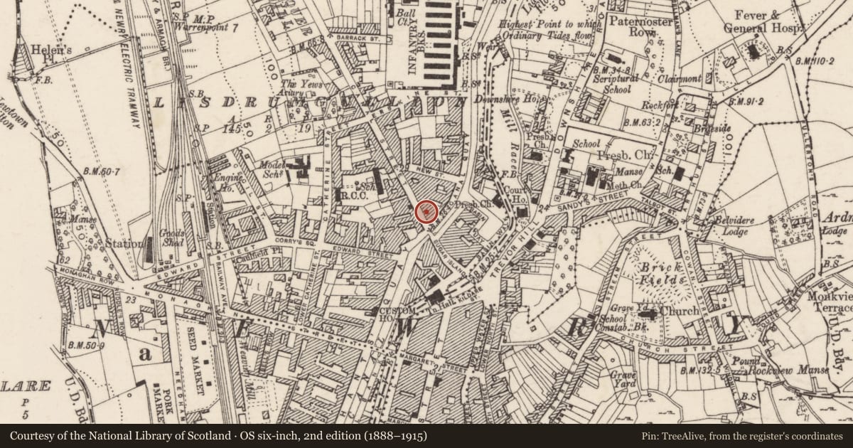 Ordnance Survey six-inch map, 2nd edition (1888–1915) covering the location of Gerry Mac’s (Public House), Lisdrumgullion, Newry, Mourne and Down, with a pin at the register's coordinates