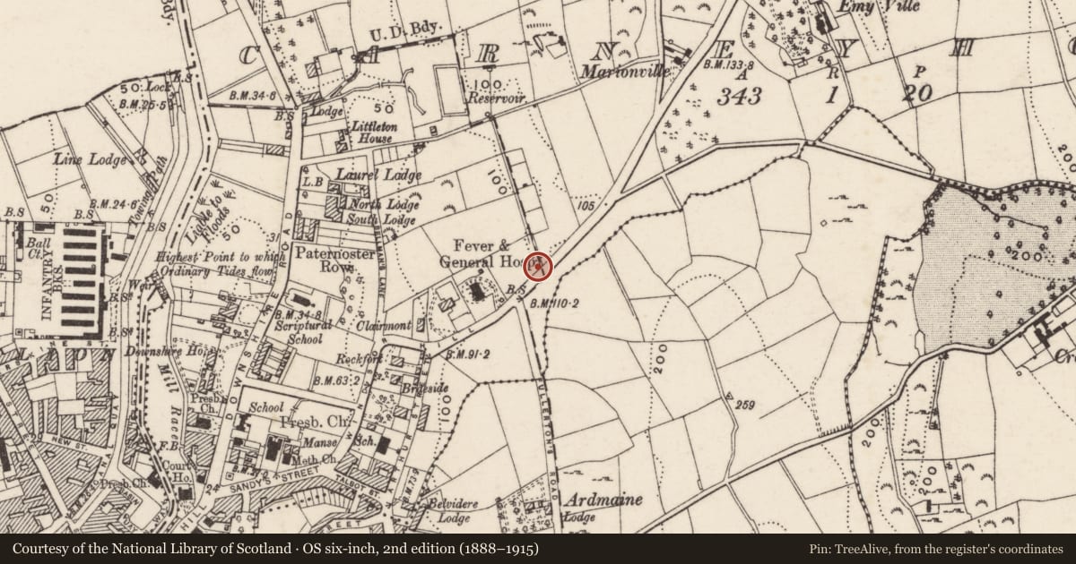 Ordnance Survey six-inch map, 2nd edition (1888–1915) covering the location of Boundary Post near 1 Windsor Court Rathfriland Road Newry Co Down BT34 1JF, Carneyhough, Newry, Mourne and Down, with a pin at the register's coordinates