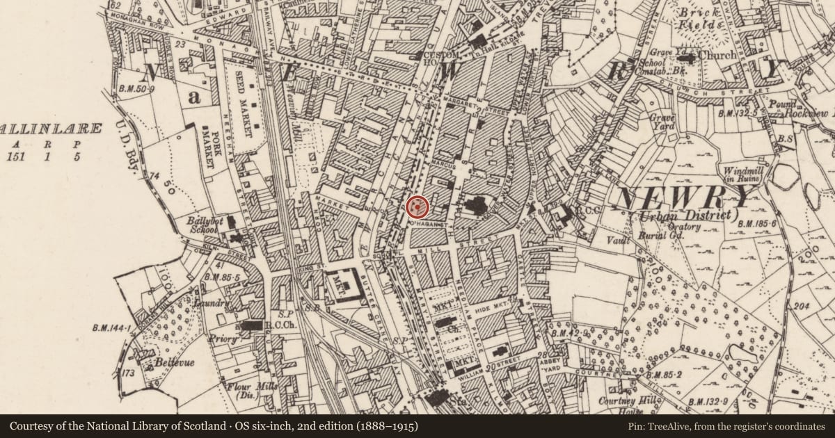 Ordnance Survey six-inch map, 2nd edition (1888–1915) covering the location of 35 Patrick St, Ballinlare, Newry, Mourne and Down, with a pin at the register's coordinates